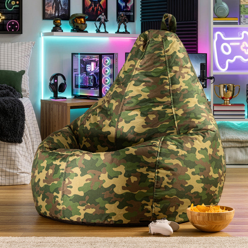 Sitzsack mit Rückenlehne für Gamer, wasserabweisend, grünes Camouflage-Muster  