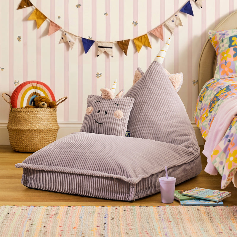 Kinder Cord-Sitzsack und Kissen "Luna Einhorn" - Lavendel