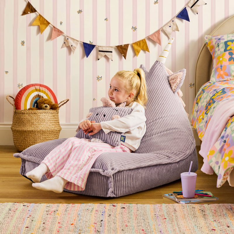 Kinder Cord-Sitzsack und Kissen "Luna Einhorn" - Lavendel