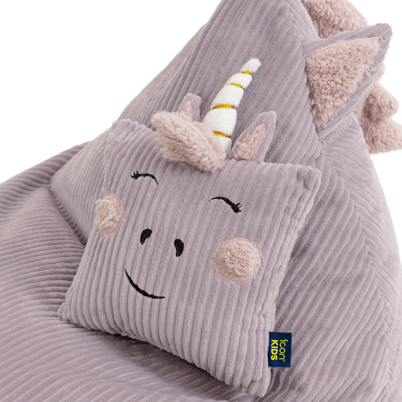 Kinder Cord-Sitzsack und Kissen "Luna Einhorn" - Lavendel