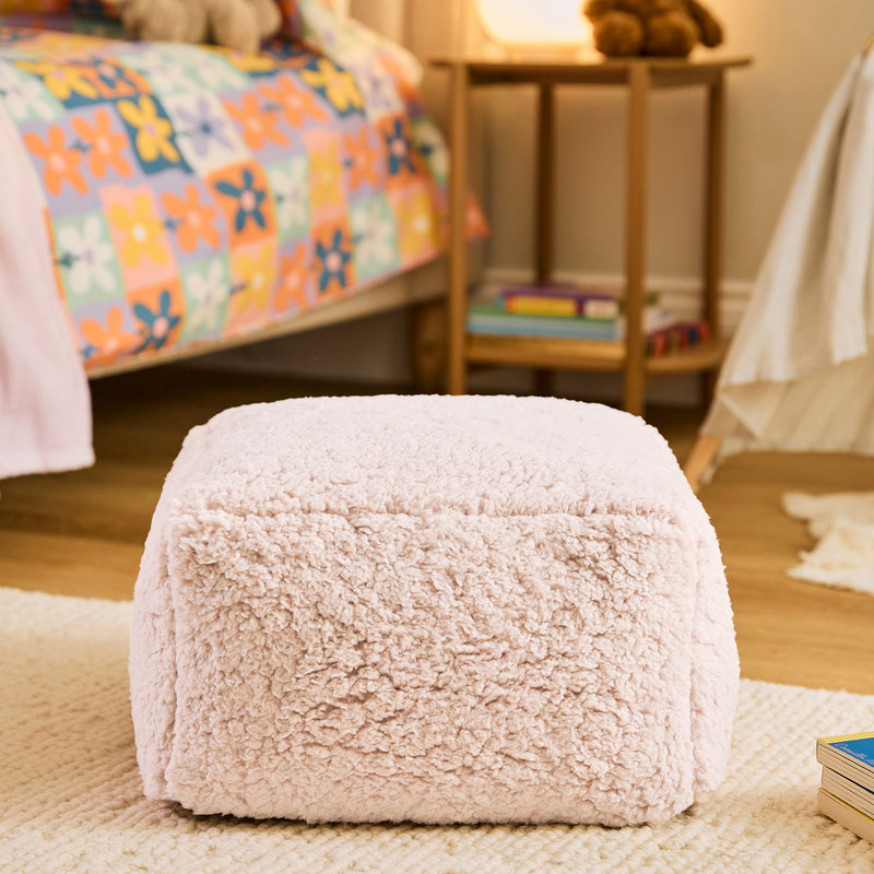 Mini Amara Teddy-Fleece-Fußhocker, quadratisch – Rosa