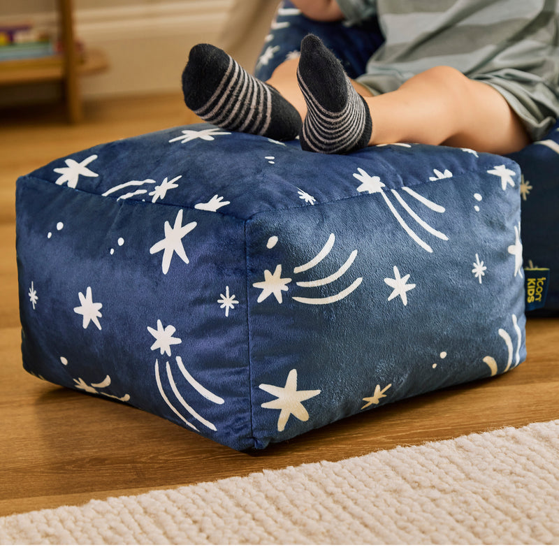 Mini Amara Star quadratischer Fußhocker aus gebürstetem Samt – Tintenblau