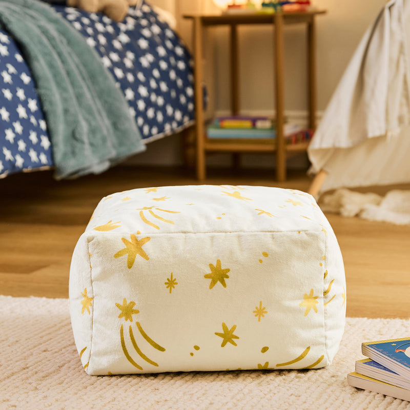 Mini Amara Star Fußhocker, quadratisch, aus gebürstetem Samt – Creme