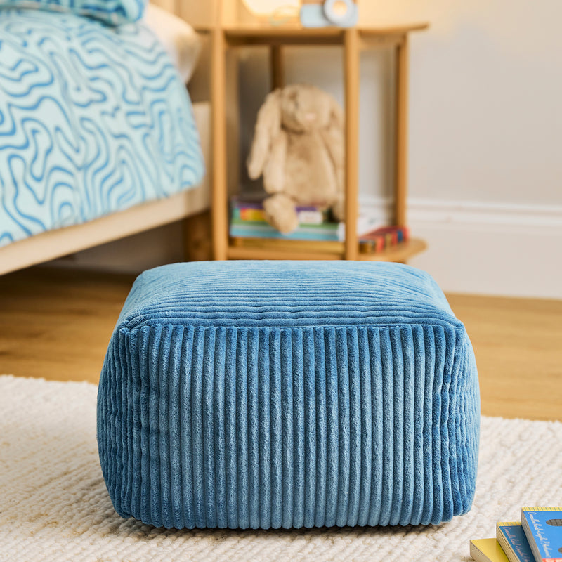 Mini Amara Kord-Quadrat-Fußhocker – Denim-Blau