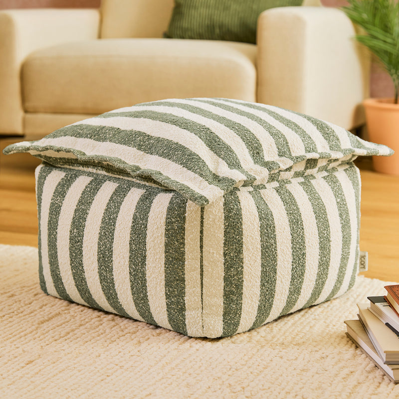 Sofia Stripe Bouclé-Fußhocker mit gepolsterter Oberseite – Olivgrün